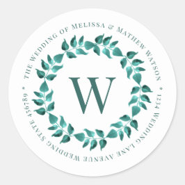 Address Aquamarin Monogram Wreath Wedding Umschlag Runder Aufkleber
