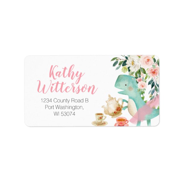 Address Label Dinosaur Tea Party Ratess Baby Dusch Adressaufkleber (Vorne)