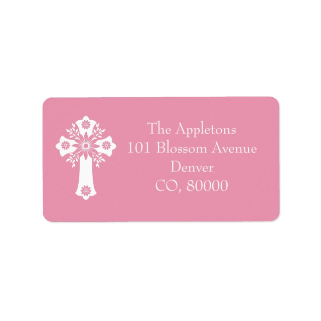 Address Labels Floral Cross Christening Rose Pink Adressaufkleber (Vorne)