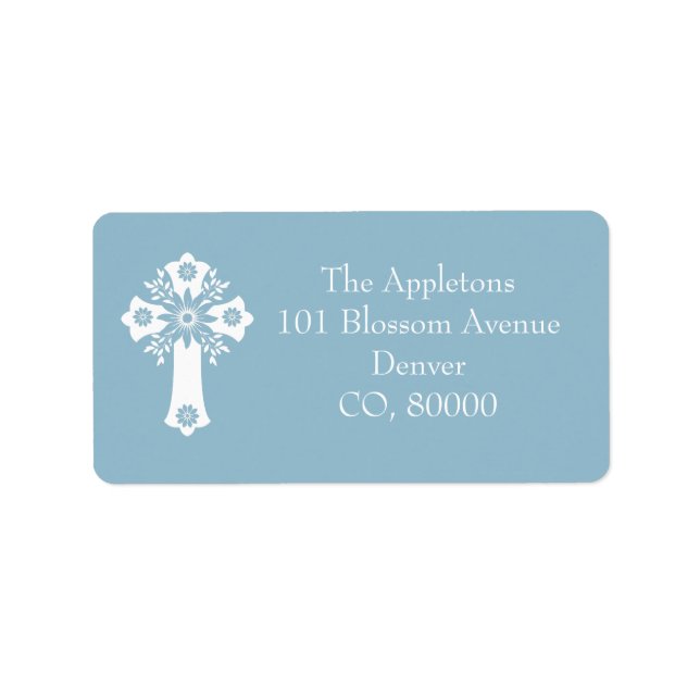 Address Labels Floral Cross Christening Sky Blue Adressaufkleber (Vorne)