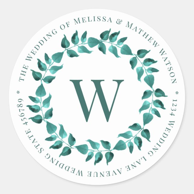 Address Monogram Wreath Aquamarin Wedding Umschlag Runder Aufkleber (Vorderseite)