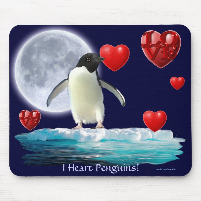 Adelie Penguin, Moon & Hearts Mousepad (Vorne)