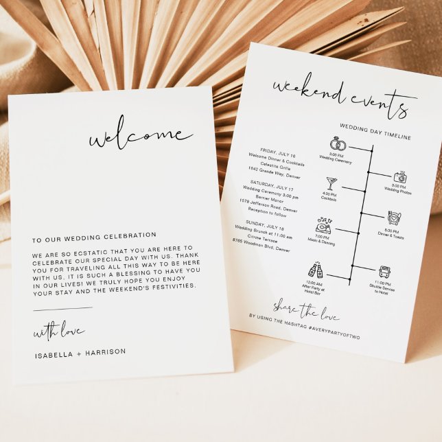 ADELLA Modern Minimal Welcome Letter Timeline Card Einladung (Modern minimalist wedding welcome letter with schedule and icon timeline backside.)