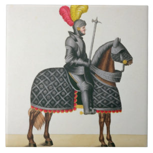 Adeln Sie in der Rüstung auf seinem Pferd, Platte Fliese
