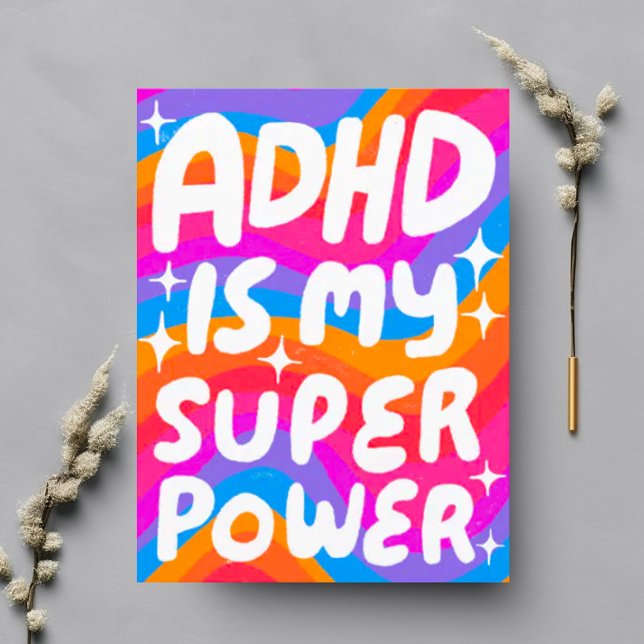 ADHD Super Power Fun Bubble Letters CUSTOM Postkarte (ADHD is my superpower handlettered bold colorful rainbow postcard)