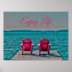 Adirondack Beach Chairs Rustic Teal Enjoy Life Poster