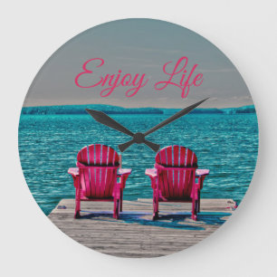 Adirondack Chairs Rustic Cottage Enjoy Life Quote Große Wanduhr