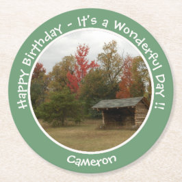 Adirondack Lean to im Herbst Artikel der Geburtsta Runder Pappuntersetzer