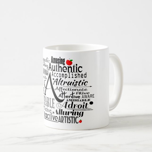 Adjektive Word Cloud beginnt mit Buchstabe A  Kaffeetasse (VorderseiteRechts)