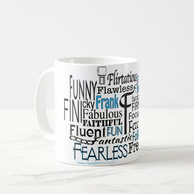 Adjektive Word Cloud beginnt mit Buchstabe F Kaffeetasse (Vorderseite Links)