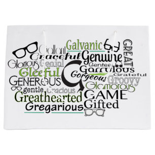 Adjektive Word Cloud beginnt mit Buchstabe G Große Geschenktüte