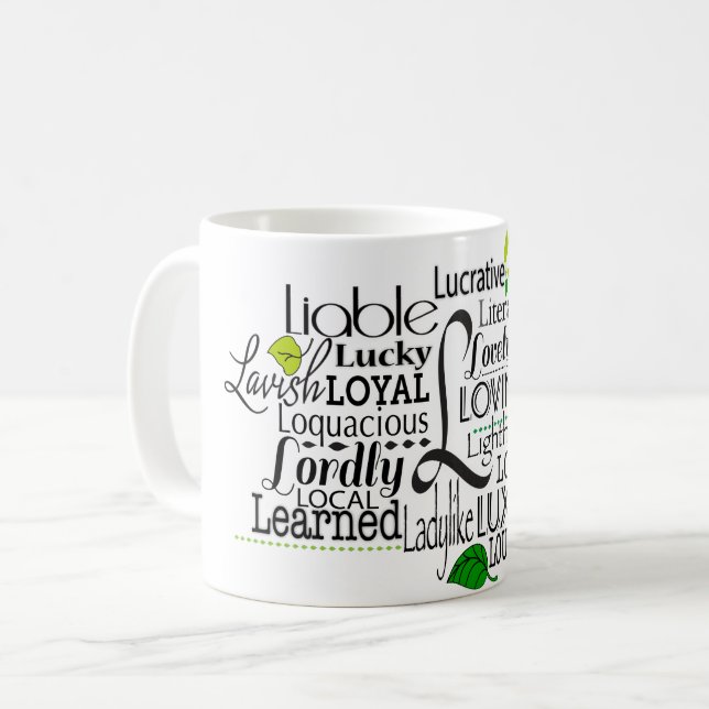 Adjektive Word Cloud beginnt mit Buchstabe L Kaffeetasse (Vorderseite Links)