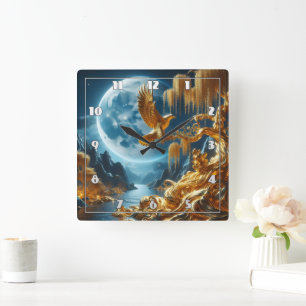 Adler an einem Zweig im Mondlicht Quadratische Wanduhr