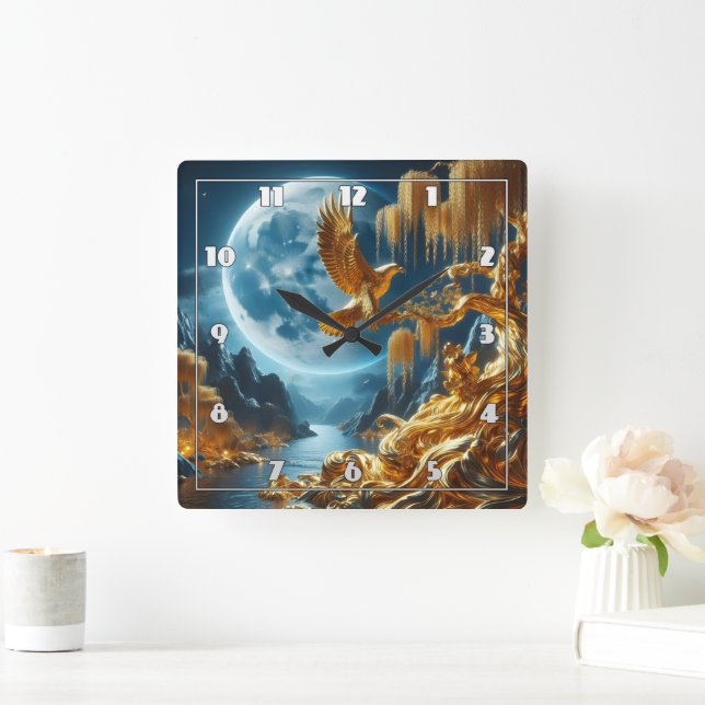 Adler an einem Zweig im Mondlicht Quadratische Wanduhr (Zuhause)