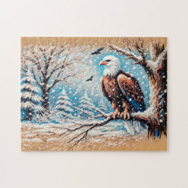 Adler auf Baum während des Schneefalls im Winter Puzzle