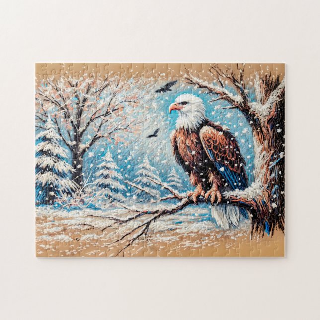 Adler auf Baum während des Schneefalls im Winter Puzzle (Horizontal)