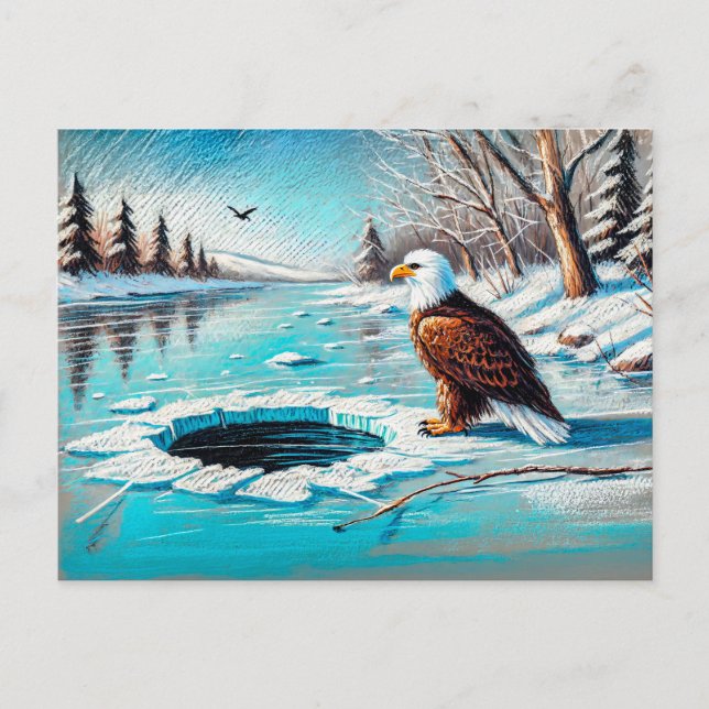 Adler auf dem Frozen Fluss durch Ice Hole Pastel C Postkarte (Vorderseite)
