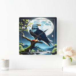 Adler auf einem Zweig unter Vollmond Quadratische Wanduhr