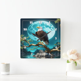 Adler auf einem Zweig unter Vollmondlicht Quadratische Wanduhr