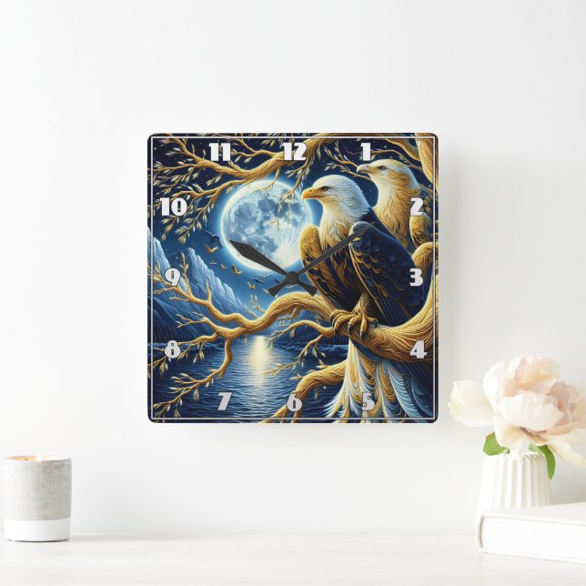 Adler auf Zweig unter dem Mondlicht-Himmel Quadratische Wanduhr (Zuhause)