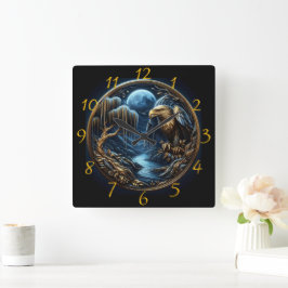 Adler auf Zweig unter dem Moonlit Himmel Quadratische Wanduhr
