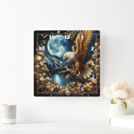 Adler auf Zweig unter dem Moonlit Himmel Quadratische Wanduhr