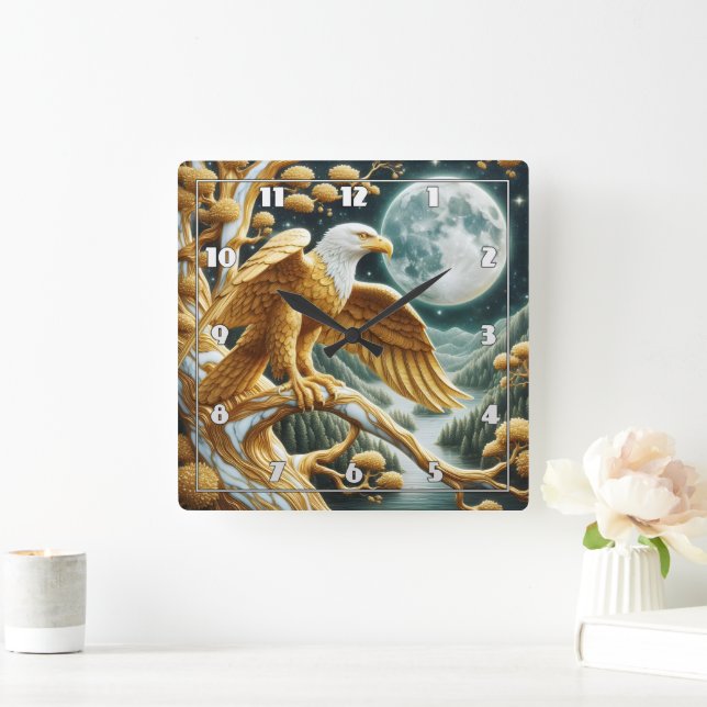 Adler auf Zweig unter Vollmondlicht Quadratische Wanduhr (Zuhause)