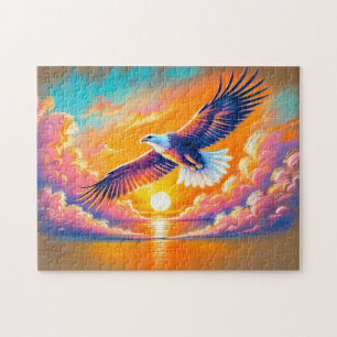 Adler, der bei Sonnenuntergang in der Pastelhalle Puzzle