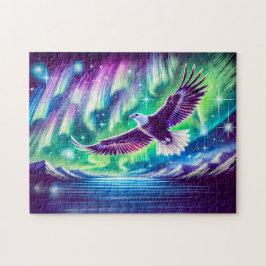 Adler, der über den Bergsee fliegt Nordlichter Puzzle
