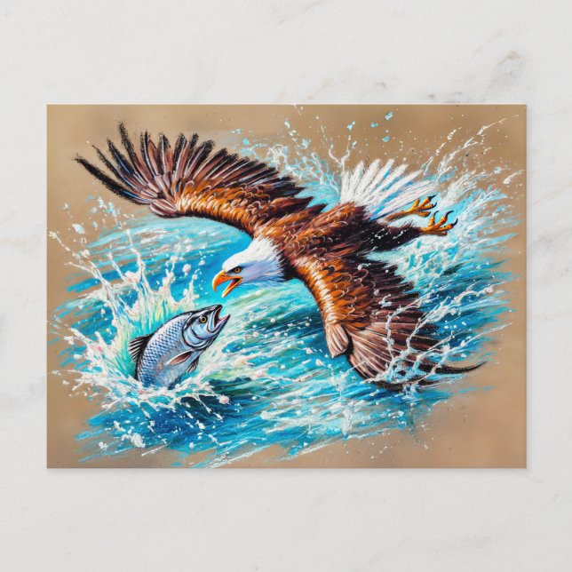Adler, der über den Fluss fliegt und für Lachs Pas Postkarte (Vorderseite)