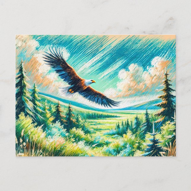 Adler, der über den Wald fliegt, Zeichnend Pastelh Postkarte (Vorderseite)