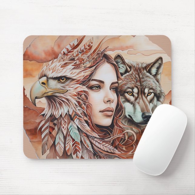 Adler - Frau - Wolf - Aquarellkunst 1 - Fanspass Mousepad (Mit Mouse)