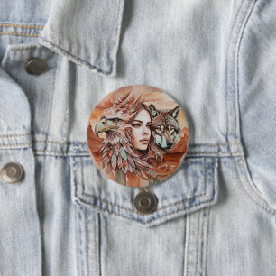 Adler - Frau - Wolf - Wasserfarben Kunst 1 - Fan F Button