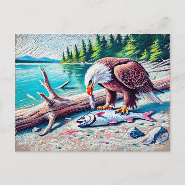 Adler isst Fisch an der Riverbank Pastel Chalk Dra Postkarte (Vorderseite)