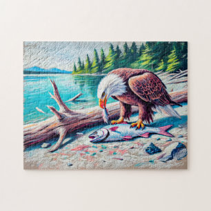 Adler isst Fisch an der Riverbank Pastel Chalk Dra Puzzle
