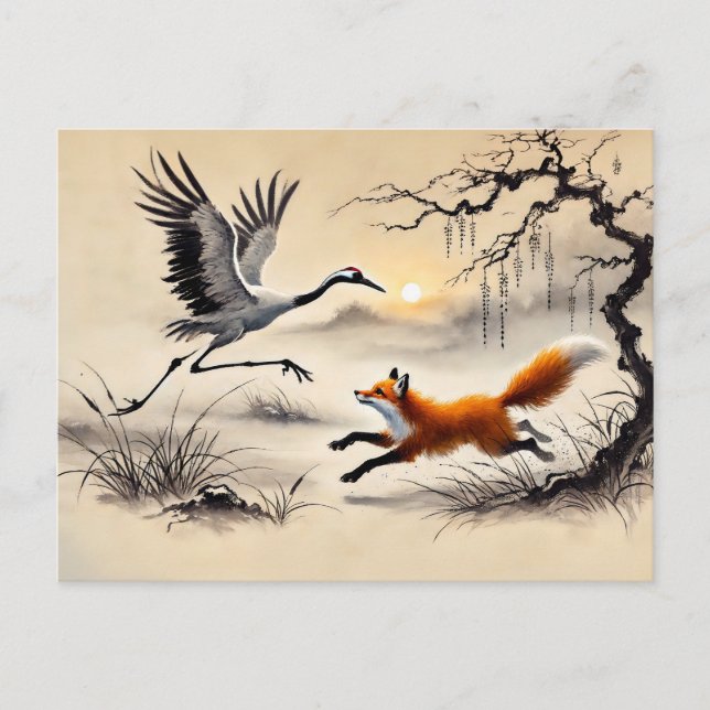 Adler Jagd auf ein chinesisches Kranfarbengemälde Postkarte (Vorderseite)