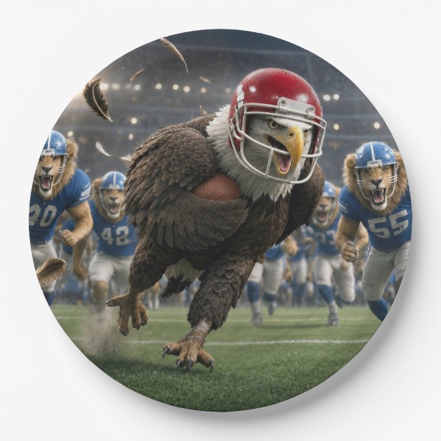 Adler läuft mit einem Fußball Pappteller (Vorderseite)