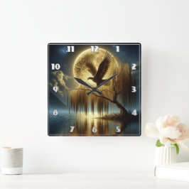 Adler Majestisch auf Baumzweig in der Nacht Quadratische Wanduhr