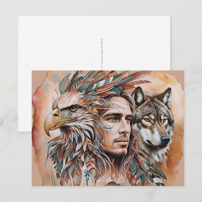 Adler - Mann - Wolf - Aquarellkunst 1 - Fanspass Postkarte (Vorne/Hinten)