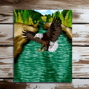 Adler über dem Fluss in den Bergen fliegen Poster