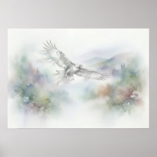 Adler über nebligen Highland-Schlössern Aquarell Poster