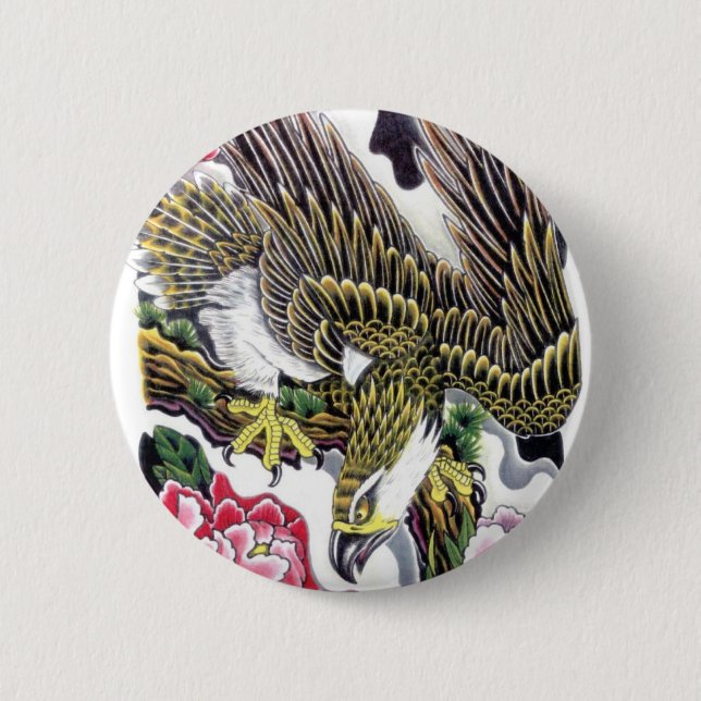 Adler- und Chrysanthemen-Tätowierungsdesign Button (Vorderseite)