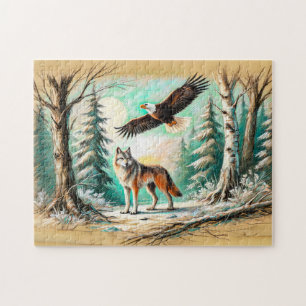 Adler und Wolf im Wald - Pastellkreidezeichnung Puzzle