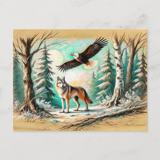 Adler und Wolf im Zeichnend Wald-Pastell-Kalk Postkarte (Vorderseite)