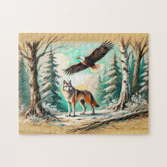 Adler und Wolf im Zeichnend Wald-Pastell-Kalk Puzzle (Horizontal)
