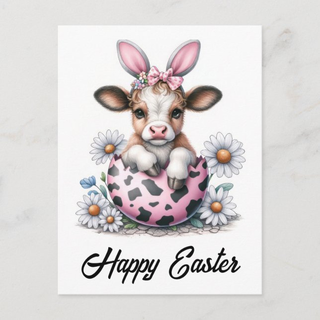 Adlige Aquarellkuh Osterkuh Rosa Ei Sonnige Ohren Postkarte (Vorderseite)