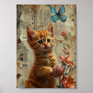 Adlige Ingwer Kitten mit garnblauem Schmetterling Poster