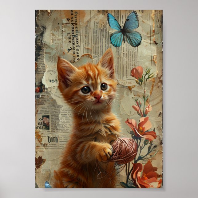Adlige Ingwer Kitten mit garnblauem Schmetterling Poster (Vorne)