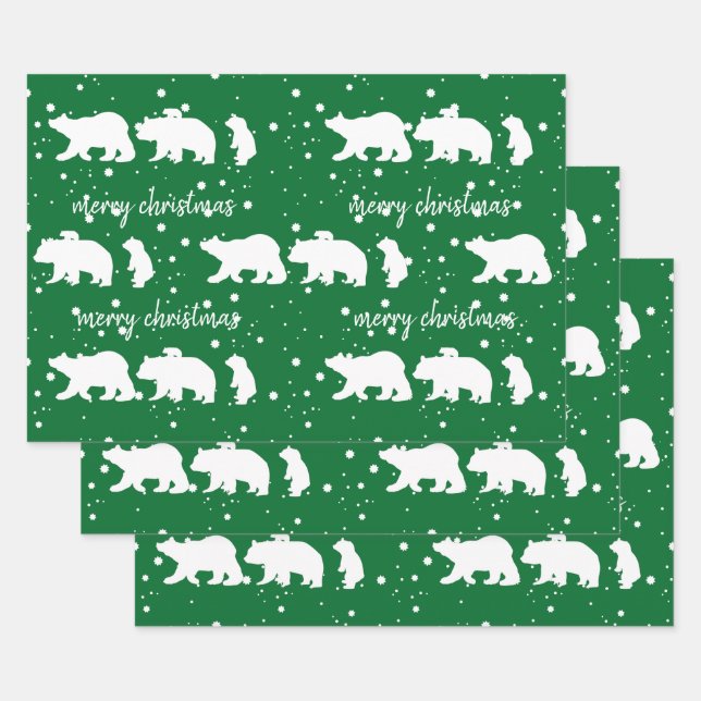Adlige Polar Bären Familie Weihnachten Grün Geschenkpapier Set (Set)