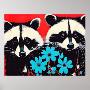 Adlige Raccoons mit blauem Blumenhintergrund Poster